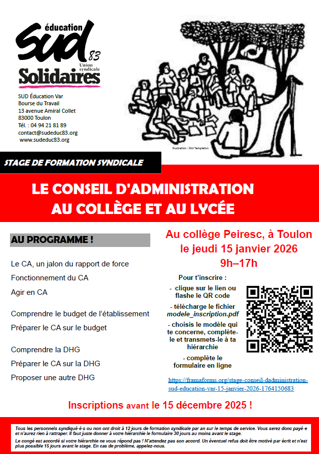 plaquette stage conseil d'administration ca 15 janvier toulon bourse du travail sud education 83 collège lycée dhg budget